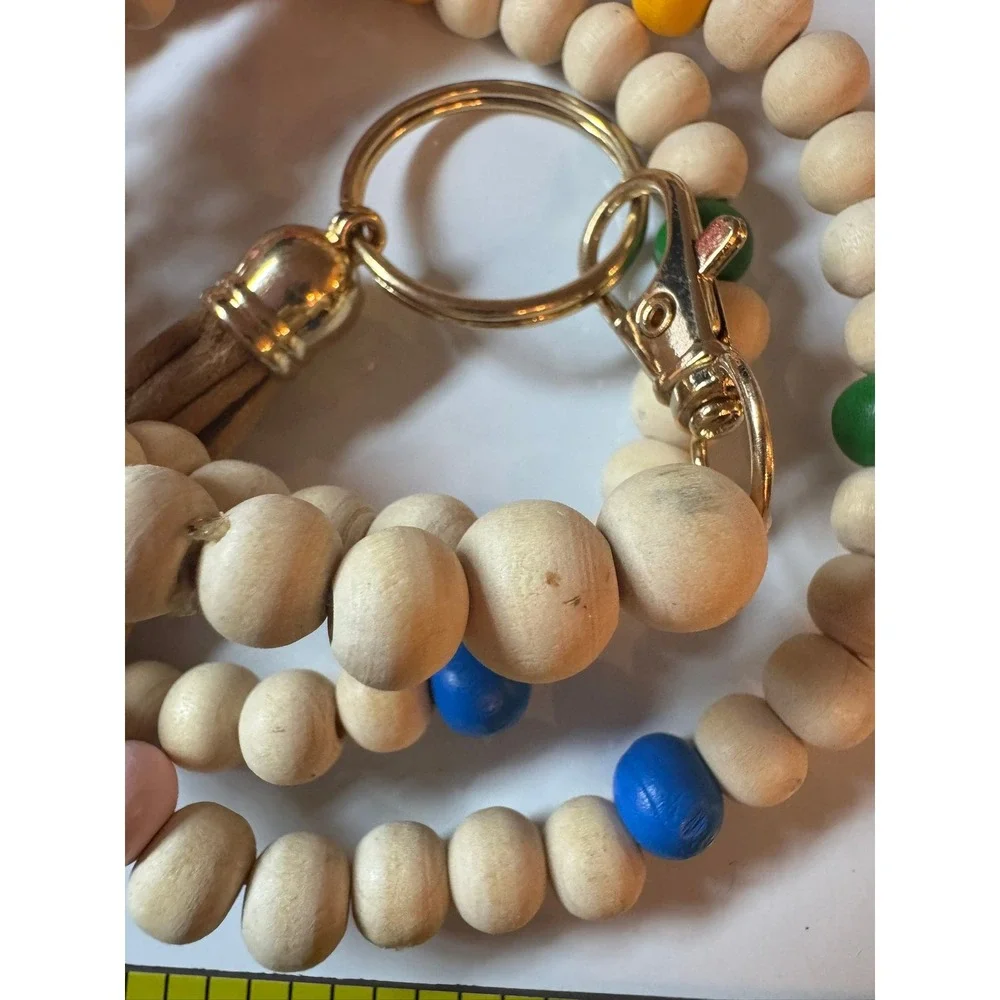 Natural Wood Beaded Lanyard Keychain with Colorful Accents and‎ Tassel Gold Tone